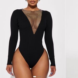 Fashion Nova Black Mesh Bodysuit with Rhinestones
